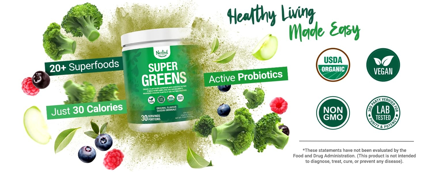 Nested Naturals｜Super Greens Daily Superfood Powder,Clean Plant‑Based Wellness Supplements